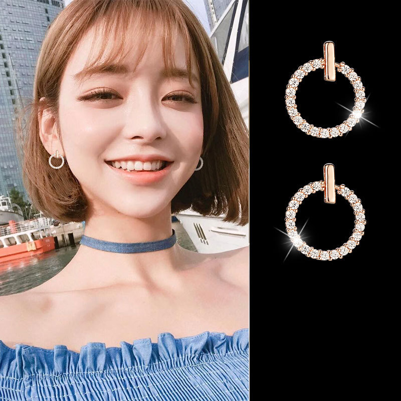 地摊货 韩国时尚甜美简约小清新玫瑰金镶钻小圈圈耳钉女 厂家批发