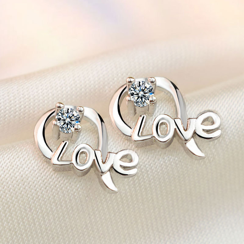 创意百搭时尚love字母耳钉 韩版水晶锆石耳饰简约个性耳环批发