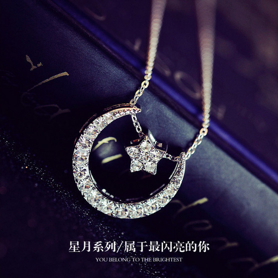 新款一款多戴星月项坠女  日系文艺甜美星星月亮水晶短款项链吊坠