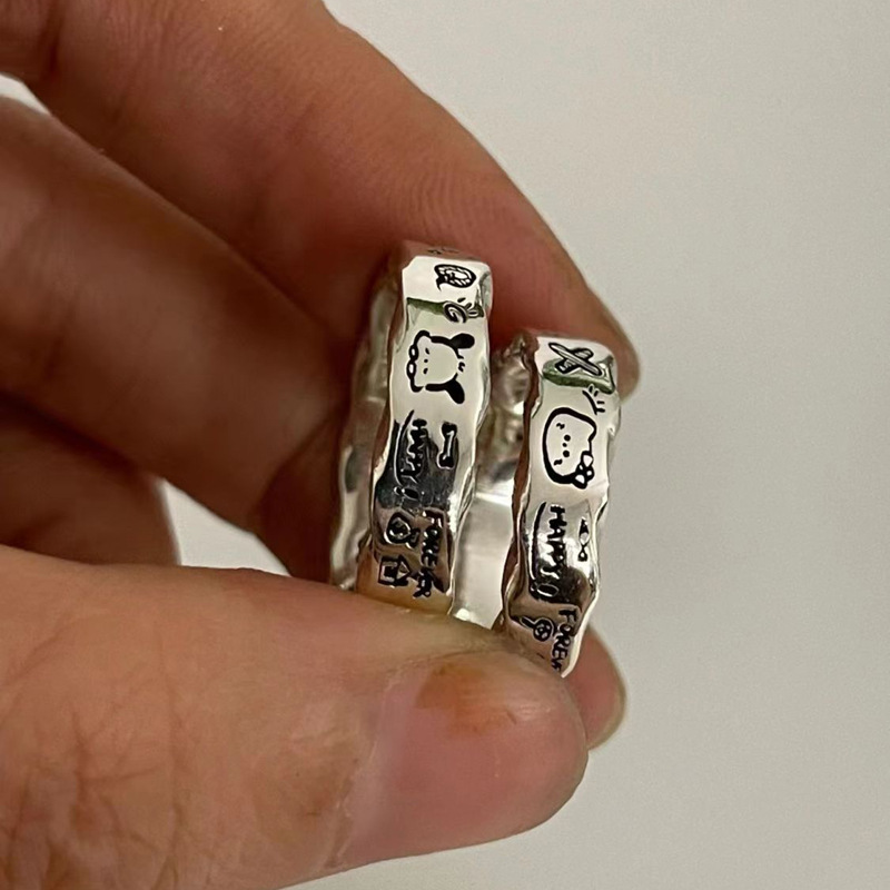 KT猫帕恰狗情侣款涂鸦开口戒指小众设计可爱卡通极简波浪边食指环