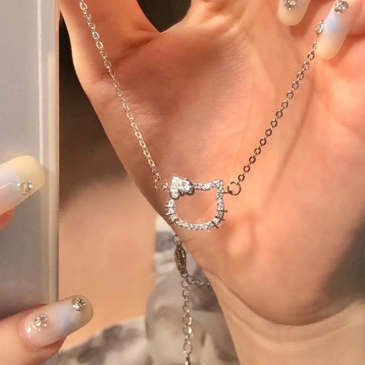 KT满钻猫咪项链女款轻奢小众百搭时尚蝴蝶结甜美锁骨链送女友礼物