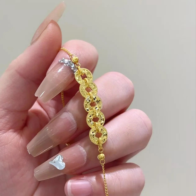 复古新中式碎冰冰五帝币手链猫眼珠纳福中古气质伸缩珠精致手饰品